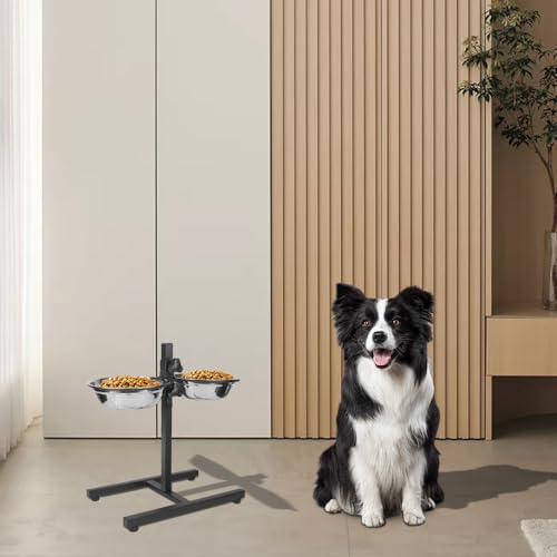 Gamelles pour chiens réglables en hauteur, support bois avec écuelles 1,8L