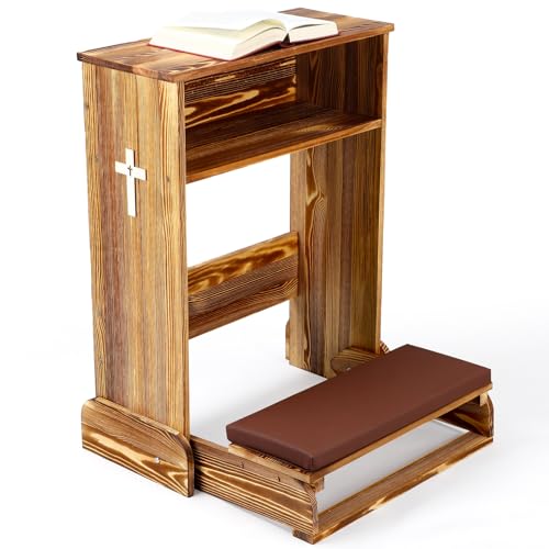DoubleFill Solid Wood Prayer Bench Stool with Shelf and Cushion Church Prayer Bench Table Chair Padded Kneeler for Kneeling at Home, Religious Gifts, 23 x 20 x 32 Inches (Rustic)