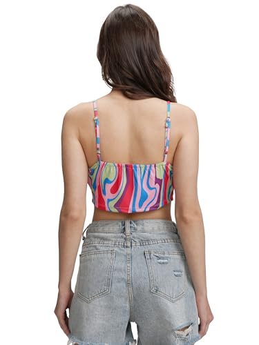 Image of Tokyo Talkies Women's Graphic Print Fitted Crop Top | Shoulder Straps | Chic & Versatile Cut Out | Perfect for Casual & Layered Looks | Tops for Woman | Women Tops | Women Crop Top