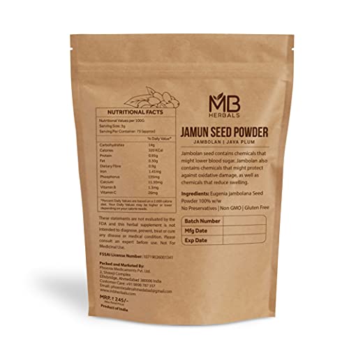 MB Herbals Jamun Seed Powder 227G (8 oz) | Eugenia jambolana | Java Plum Sd. | 75 Days Supply