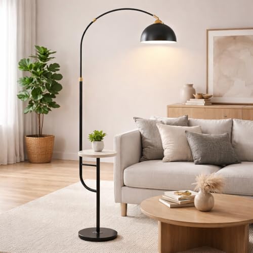 Image of Modern Floor Lamp with Shelf for Living Room | Black Metal Standing Lamp with Built-in Table | LED Floor Lamp for Bedroom, Reading Corner & Home Decor