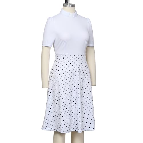 Image of CAMDOM Church Clergy Dress for Women Short Sleeve Polka Dot A Line Elegant Dress with Tab Collar