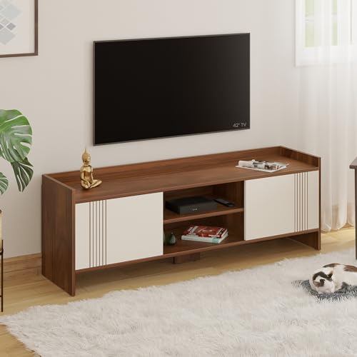 Image of BLUEWUD Charley Engineering Wood Floor Standing TV Entertainment Unit Set Top Box Stand /TV Cabinet Panel with Shelves for Books & Decor Display Unit Bed Living Room Upto 50 inch (Brown Maple & White)