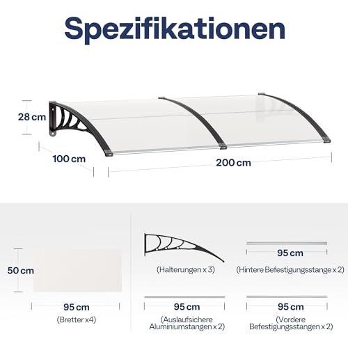 VIVOHOME Vordach für Haustür Fenster Markise 200×100cm Polycarbonat gespleißte Überdachung transparent Pultbogenvordach mit schwarzer Halterung für Sonnenschutz und Regenschutz