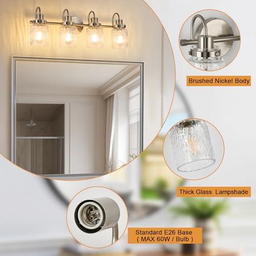 Image of 4 Lights Hammered Glass Bathroom Vanity Light,Brushed Nickel | Easy Installation,Up or Down,Farmhouse Modern Style,E26 Socket,ETL Certification