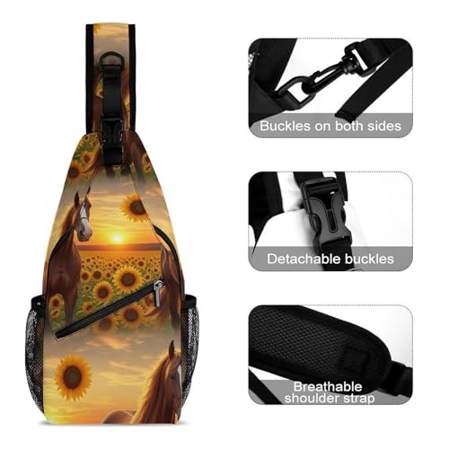 Fashion Dress Decor Sling Backpack Shoulder Bag, Day Pack, Chest Shoulder Bag For Men And Women Sunflower Horse3