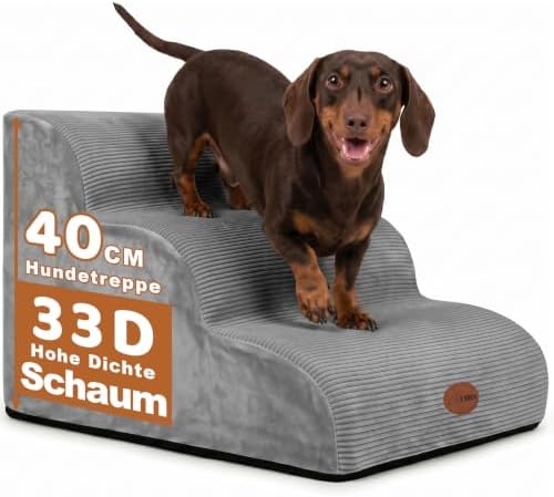 Hundetreppe für Kleine, ältere & Verletzte Hunde und Katzen, Haustiertreppe | 3 Stufen, Dunkelgrau, 33D Hochdichter Schaum, Gelenkschonend, Geringe Neigung, Waschbarer Bezug, Rutsc