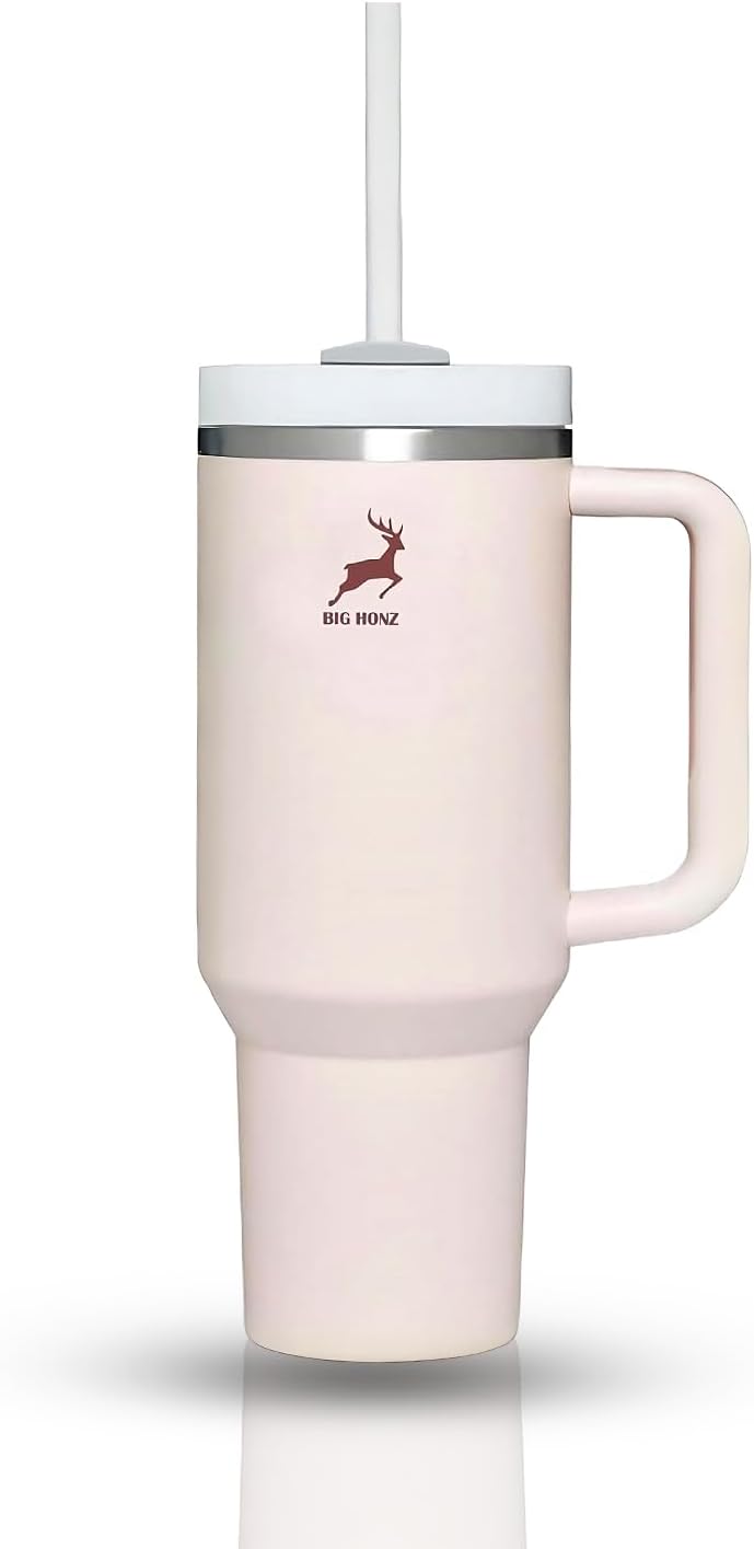 B-H 40oz Stainless Steel Tumbler with Handle & Straw- Double Wall Vacuum Insulated Coffee Mug– Leak-Resistant Lid, Travel Cup for Home, Office, Camping & Parties Fits Car Cup Holder (Rose Quartz)