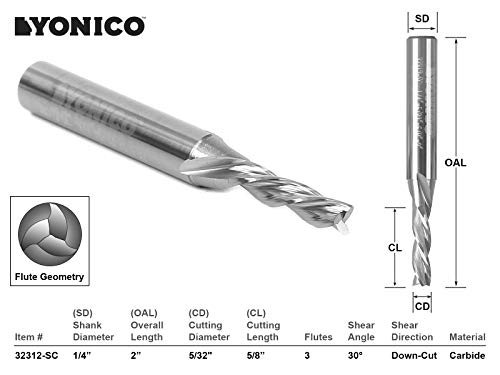 Image of YONICO Downcut Router Bits Spiral 3 Flute Solid Carbide CNC End Mill 5 /32-Inch Dia. 1 /4-Inch Shank 32312-SC