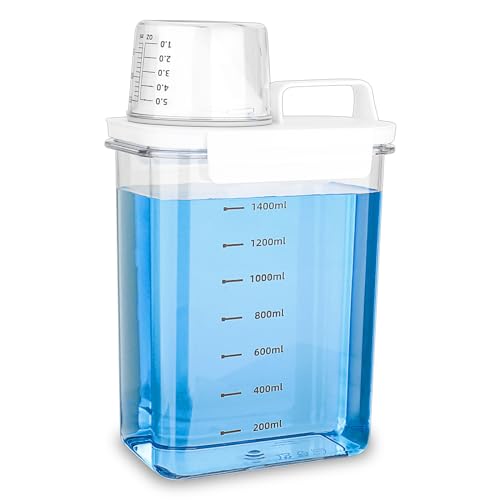 DMJJSD Luftdichter Waschmittelspender 1800 ML, 66oz Waschmittelbox für Pulver, Weichspülerspender mit Messbecher,Transparenter Behälter für Wäschezubehör,Aufbewahrungseimer,Weichspülerspender