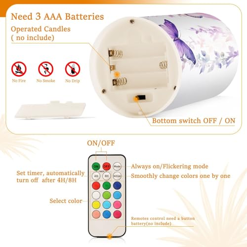 Image of Lights Flameless Candles Purple Butterfly Leaves Pillar Candles Set of 2 Battery Operated Remote Control Warm Lights Home Decor