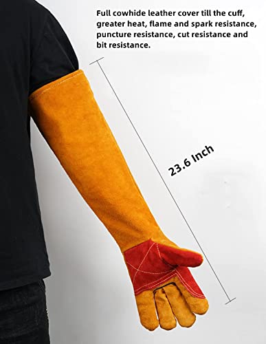 23.6 Inch Long Sleeves Leather Welding Gloves, Heat Resistant Stove Fire And Barbecue Gloves, Puncture Resistant Gloves For Garden And Animal Handling, Tool Gifts For Men Dad #TOP1