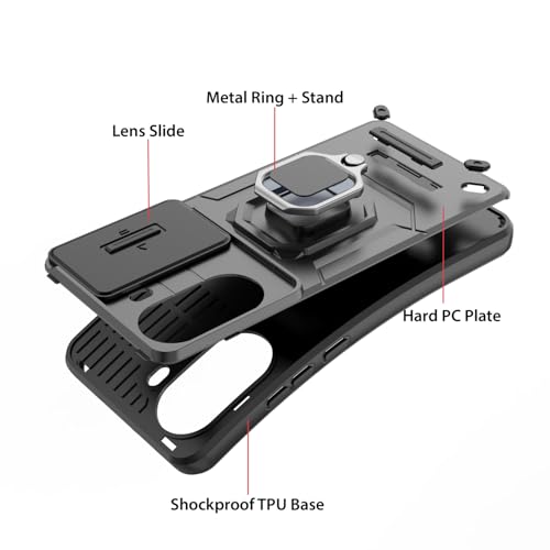 Image of Kapa Armor Slider Back Cover for Poco X7 Pro 5G | Inbuilt Ring + Camera Slider Shockproof Lens Protection Bumper Back Case (Black)
