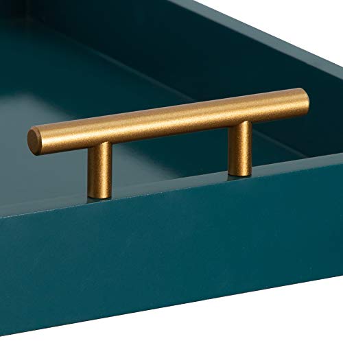 Kate And Laurel Lipton Mid Century Modern Decorative Wood Tray With Brushed Gold Metal Handles, Dark Teal #TOP2