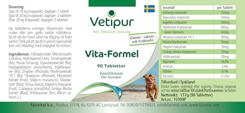 Vetipur Vita-Formel - 90 Tabletten - Rundumversorgung mit Ginseng, Teufelskralle, Ingwer, Mariendistel, Löwenzahn, Brennnessel, Weissdorn und Gingko Biloba - Futterergänzung für Hunde