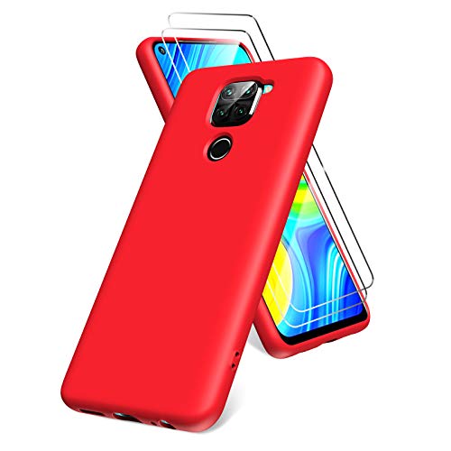 Oududianzi Funda para Xiaomi Redmi Note 9, Protector Pantalla Cristal Templado, Carcasa de Silicona Líquida Gel Ultra Suave Funda con tapete de Microfibra Anti-Rasguño - Rojo