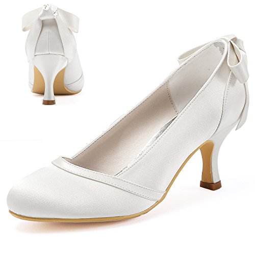 ELEGANTPARK Women Pumps Mid Heel Closed Toe Bows Satin Wedding Bridal Shoes