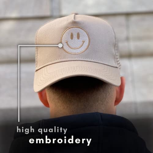 Trucker Hat - 2 Pack | Cotton Embroidered Cap | Smiley Face Hat | Preppy Trendy Vintage Retro Trucker Hats | Unisex Men Women Baseball Cap Mesh Adjustable Snapback | Tan + Black | Neutral Pack #TOP2