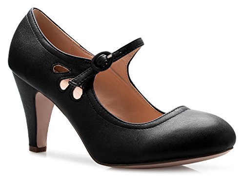 Olivia K Women's Kitten Heels Mary Jane Pumps - Adorable Vintage Shoes- Unique Round Toe Design with an Adjustable Strap
