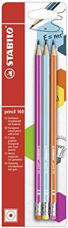 Graphite Pencil with Eraser - STABILO pencil 160 - Pack of 6 - 2 x petrol, yellow, orange, blue, pink - HB