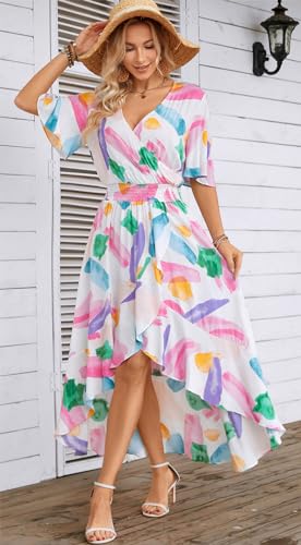 Image of Kormei Women Short Sleeve V Neck Floral High Low Flowy Summer Party Long Maxi Dress
