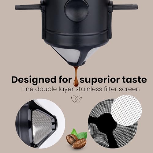 Image of Filter Coffee Maker with Bottom Cup Double Mesh Pour Over Coffee Filter Food Grade SS & Plastic Coffee Dripper 100% Paperless Foldable to Fit Most Cup Keep Coffee Flavour Easy Use & Clean