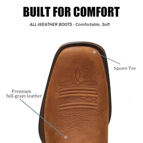 Image of SUREWAY Western Boots - Men's Square Toe Work Boot,Pull On Leather Wellington Boots,Durable Classic Slip Resistant Soft Toe Cowboy Boot