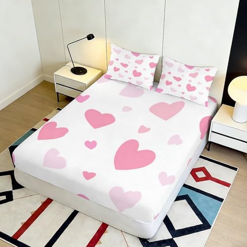 Drap housse cœur rose 90x200x25cm en microfibre imprimée 3D