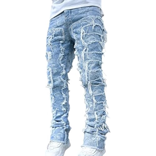 Giraropa Mens Black Stacked Jeans Slim Fit Ripped Jeans Destroyed Straight Denim Pants Harajuku Hip Hop Trouser Streetwear