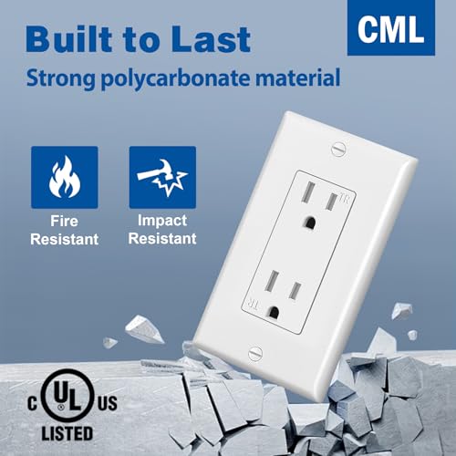 Image of CML 15 Amp Decorator Receptacle Outlet, 100 Pack Tamper Resistant Wall Outlets, Standard Electrical Outlets, 15A /125V, 2 Pole 3 Wire, Wallplate Included, UL Listed, White