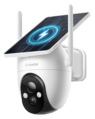 Socheerfull 2K Überwachungskamera Aussen Solar - Akku, Kabellose 2,4GHz WLAN Kamera mit Integriertem Solarpanel, 350° Rundum-Überwachung, KI-Erkennung, Farbnachtsicht und 2-Wege-Audio,IP66 Wetterfest