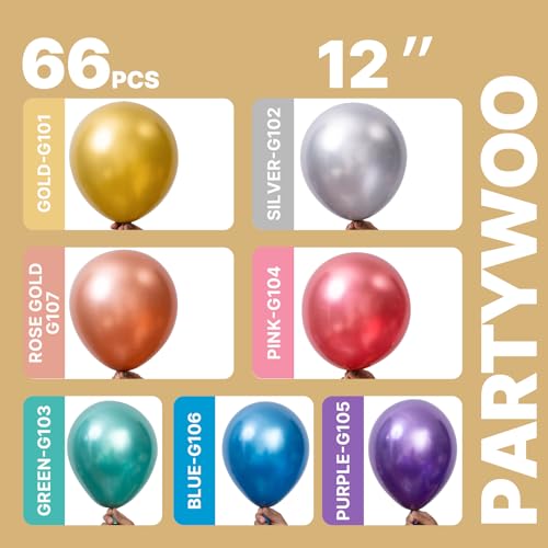 Image of PartyWoo Metallic Balloons 66pcs 12 Inch Metallic Blue Silver Gold Purple Pink Green Rose Gold Latex Balloons for Baby Shower Wedding Engagement Unicorn Rainbow Birthday Party Decorations
