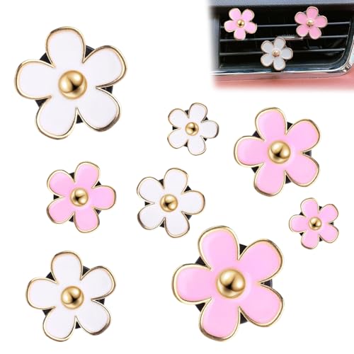 8 Pcs Daisy Flower Air Vent Clip Car Air Fresheners Outlet Clip Car Aircondition Clip Cute Alloy Car Accessories Cars Interior Decorations for Girls Women (White and Pink)