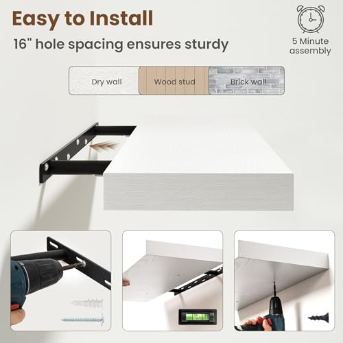 Image of 30 Inch Floating Shelves for Wall, 8 Inch Deep Floating Shelf for Storage & Display, Rustic Wall Mounted Shelf with Invisible Brackets for Living Room, Kitchen, Bathroom, Home Decor, Set of 2, White