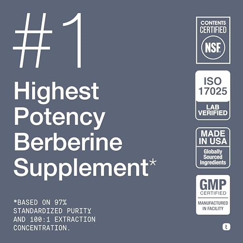 Image of Toniiq NSF Certified Ultra High Strength Berberine HCl from The Himalayas - 100:1 Concentrated Extract - Lab-Tested 97% Berberine HCl - 90 Vegetarian Capsules, 500 mg per Capsule