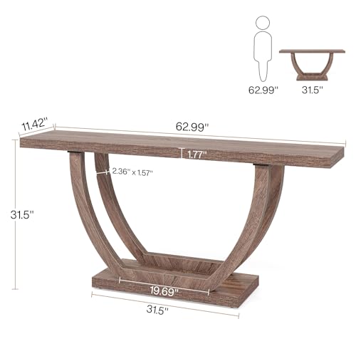Image of Tribesigns 63-Inch Wood Console Table with Geometric Base, 2-Tier Farmhouse Sofa Table Narrow Long, Thickened Behind Couch Table with Shelves for Living Room Foyer Corridor (Dark Brown)