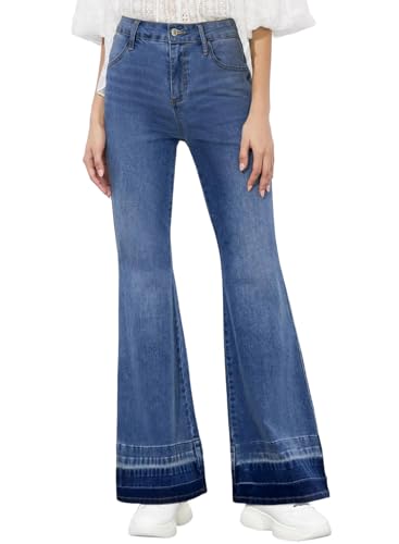 Sidefeel Women's High Waisted Flare Jeans Patch Hem Denim Pants 70s Retro Vintage Bell Bottoms Trendy Stretch Comfort Fit