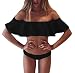 Tempt Me Women Two Pieces Solid Color Crop Ruffled Off-Shoulder Flounce Bikini Sets Black S