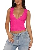REORIA Womens Summer Tops Sexy V-Neck Sleeveless Double Lined Fashion Going Out Y2K Tank Tops Trendy Lace Slimming Crop Tops for Teen Girls Neon Rose Red Medium