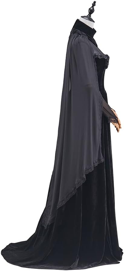 Women's Gothic Victorian Witch Vampire Cosplay Costume Black Vintage Medieval Renaissance Gown with Cloak - Image 3