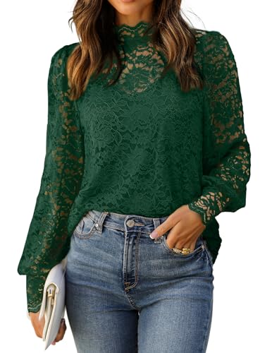 HOTOUCH Party Tops for Women Lace Long Sleeve Tops Dressy Blouses for Evening Wear Cute Lace Shirts Green S
