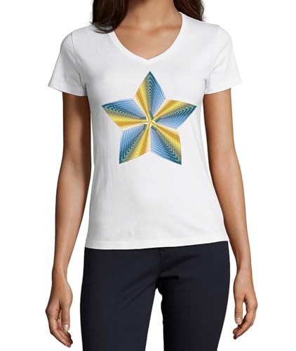T-shirt col en V coton Cosmic Zest femme XXL : des finitions soignées en bleu et jaune