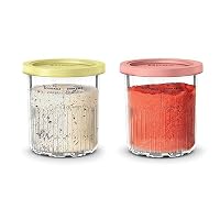 Ninja Creami Deluxe Pints 2 Pack, Compatible with NC500 Series Creami Deluxe Ice Cream Makers, Genuine Ninja Pint, BPA-Free & Dishwasher Safe, Color Lids, 1 Pint Each, Clear/Coral/Yellow, XSKPNTLD2​