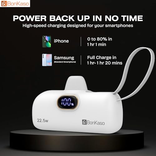 Image of BonKaso 5000mAh Mini Power Bank 22.5W PD Fast Charging, USB-C Type-C Input /Output, Built-in i5 Cable, Digital LED Display, Compact Pocket Portable Charger for iPhone & Android - White