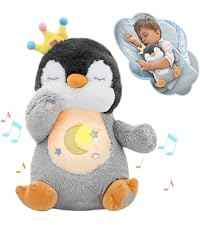 Peluche Respirante Pour Bébé - Pingouin Gris, Lumière Et Musique, Imite La Respiration, Aide à L'endormissement