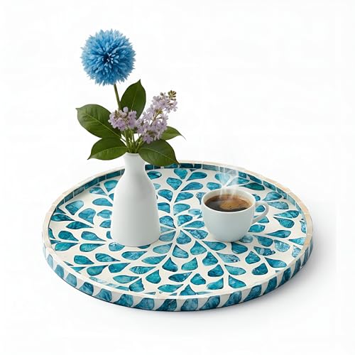 Chunful Mother of Pearl Round Serving Tray Wood...