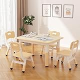 RBFGYIOP Set aus Tisch und 4 Stühlen für Kinder, verstellbar, ergonomische Sitzgruppe, rutschfest, Tischplatte in Holzoptik, leicht zu reinigen, ideal für Kinder von 2-10 Jahren im Haus, Kindergarten
