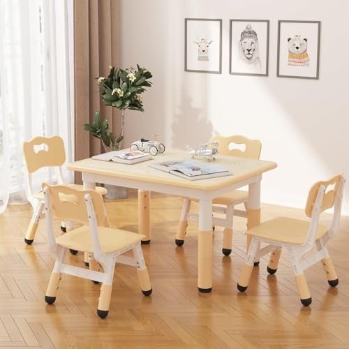 Kindertisch Mit 4 Stühlen, Höhenverstellbare Kinder Tisch Stuhl Set Mit 80x60cm Abwischbarer Tischplatte Für Kinderzimmer Kindergarten, Für Kinder Ab 2 Jahren, Inkl. 12 Wassertankpinsel, Beige