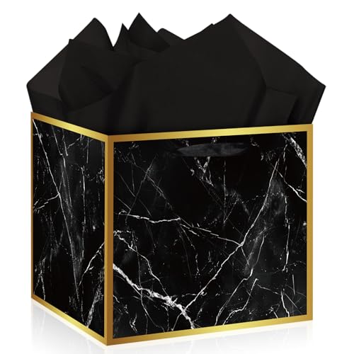Woosytoo Extra große schwarze Geschenktüte für Männer, 30 cm, Marmor-Geschenktüten, große Geschenkbox mit Seidenpapier, elegante schwarz-goldene Geschenkpapiertüte für Vatertag, Hochzeit, Trauzeugen
