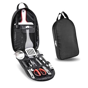 9 Pcs Camping Utensils Set, Camp Cooking Kit, Outdoor Kitchen Utensil Organizer with Scissors, Food Tongs, Rice Spoons, Cutting Boards, Soup Spoons, Multi-functional Bottle Opener